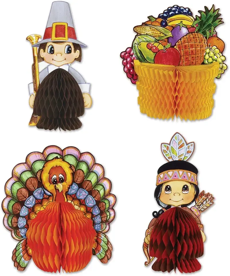 Beistle 4 Piece Thanksgiving Decorations Mini Pilgrim And Turkey Table Centerpieces For Fall Autumn Party Décor