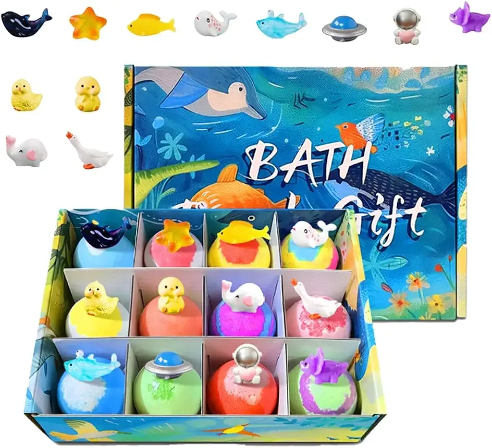 Bath Bombs Gift Set, 12pcs New Bath Bombs for Kids with Toy Inside, Organic Colorful Bubble Bath for Kids Safe, Best Birthday, Party, Easter Bath Bombs Gift Set for Girls and Boys (Sea Animal-12Pcs)