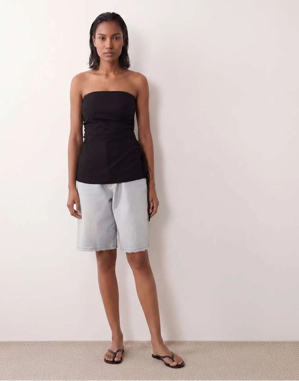 ASOS DESIGN ruched side linen bandeau top in black