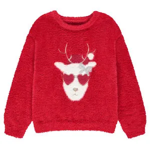 Pull en tricot pelucheux renne de Noël pour fille