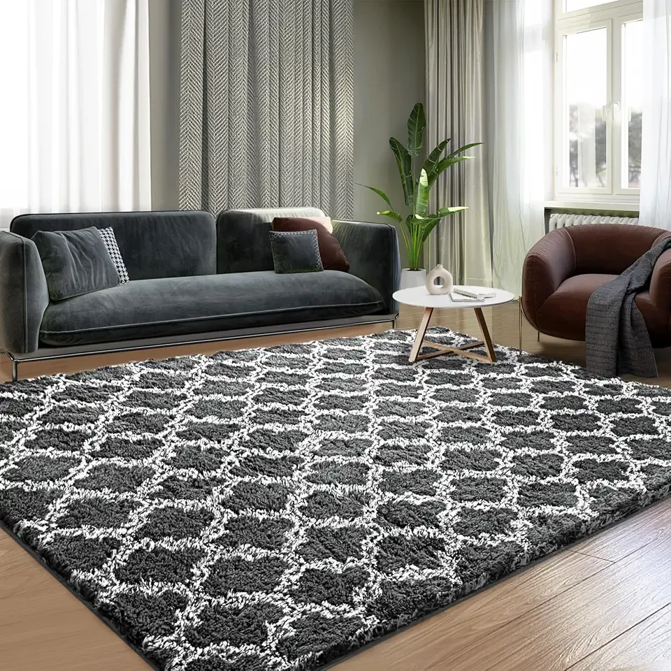 Shag Area Rug 5x7 Feet Extra Soft Rugs for Living Room, High Pile Indoor Carpet for Bedroom, Playroom, Nursery, Home Decor, Geometric, Dark Grey/White
