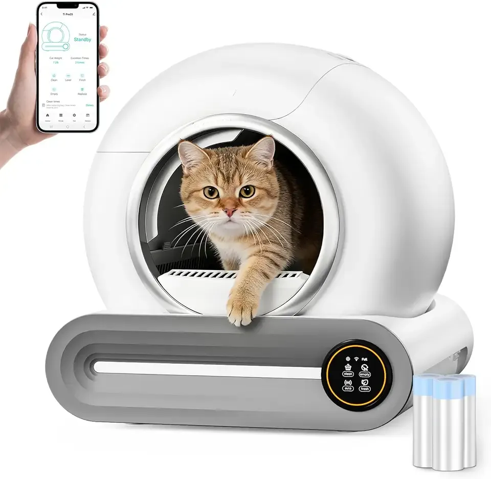 SUW Self Cleaning Litter Box, Automatic Cat Litter Box for Multiple Cats, 65L+9L Robot, 3 Rolls Grabage Liner Bags, 1 Odor Eliminator, Negative ion Deodorization, APP Control, Toilet Monitorin, White