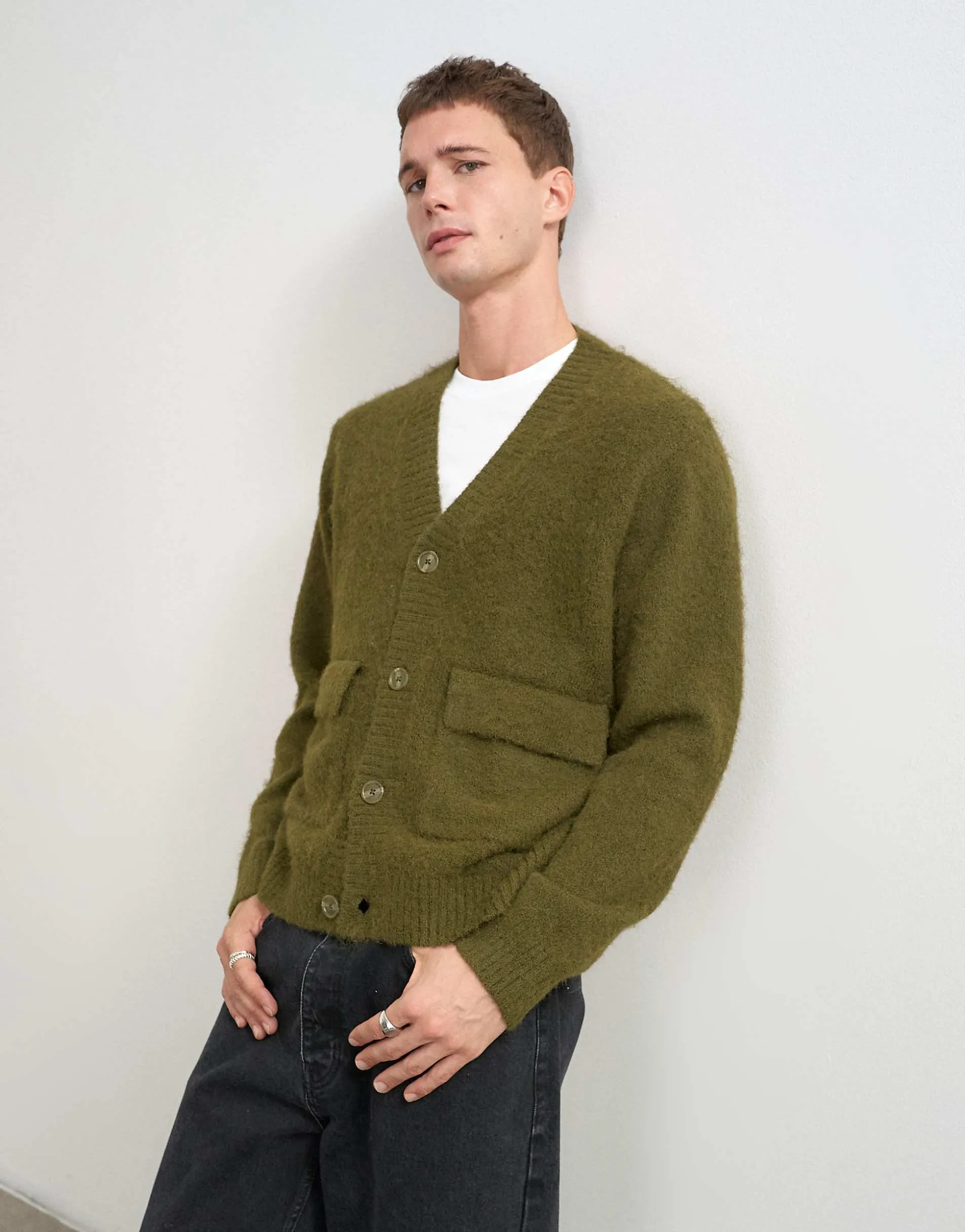 Topman relaxed fit fluffy double pocket knitted cardigan in khaki