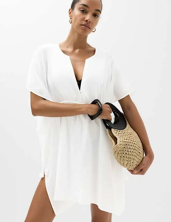Pure Cotton Tie Detail Mini Kaftan Dress