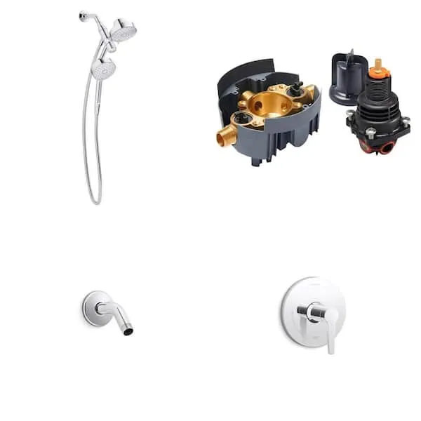 KOHLER Awaken 5 in.​ Shower Head, Rite-​Temp Valve Body Kit, 5.​375 in.​ Shower Arm, Pitch Valve Trim, Polished Chrome Combo