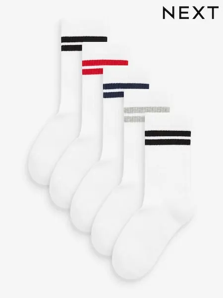 White/Blue/Red Cushioned Footbed Cotton Rich Ribbed Tipped Socks 5 Pack