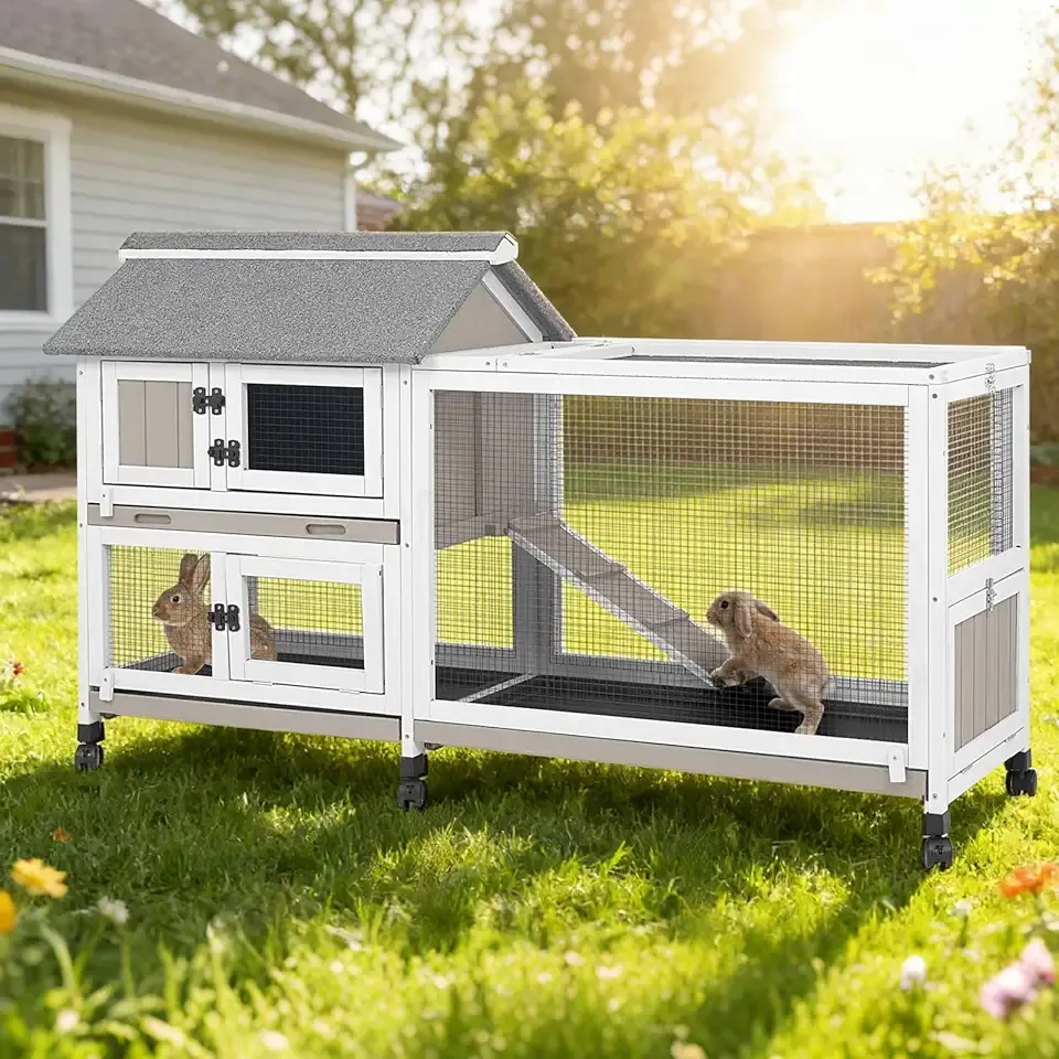 59 in Rabbit Hutch Indoor Bunny Cage, with 3 Leak-Proof Removable Trays, Expandable 2-Story Wooden Waterproof Roof Bunny House Outdoor Chicken Coop