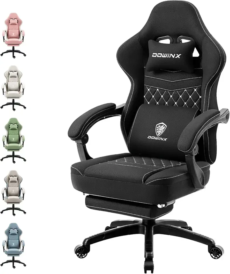 Dowinx Gaming Chair Breathable Fabric Game Chair with Gel Pad and Storage Bag, Comfortable Gamer Chair with Pocket Spring Cushion,Ergonomic Computer Chair with Footrest,Black