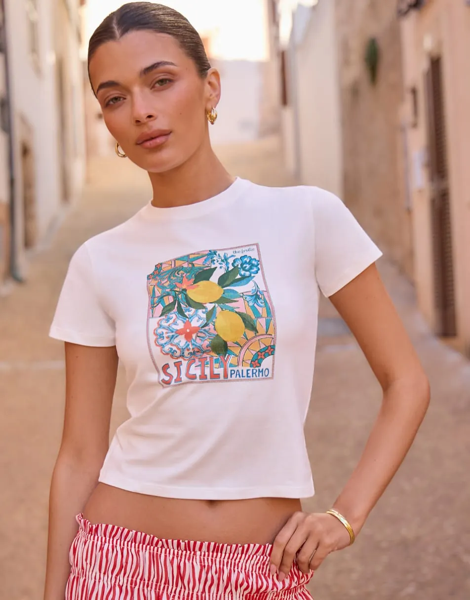 The Frolic exclusive 'Sicily' tile print graphic front baby tee in cream
