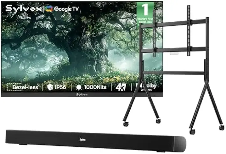 SYLVOX 75 inch Outdoor TV with Stand & Soundbar, Ultra-Narrow Bezel, 4K Smart TV, 1000 nits, IP56 Waterproof, Dual Speakers, All-Weather Metal Chassis for Patio, Deck, Backyard (Frameless Series)