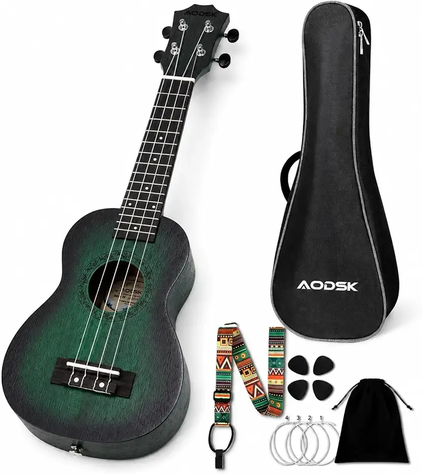 AODSK 21"Green Soprano Ukulele Set-Bag,Strap,Strings,4 Picks,Holiday Gift