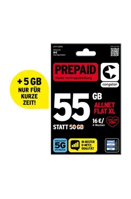 congstar Prepaid Allnet XL: 55 GB Datenvolumen & Flatrate für Telefonie und SMS, 5G-Speed, EU-Roaming