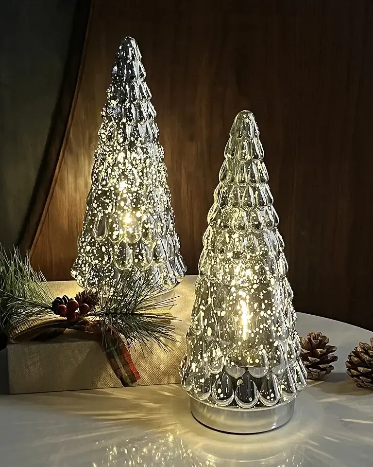 SHMILMH Silver Mercury Glass Christmas Tree, Small Tabletop Christmas Tree with Light, Battery Operated Mini Xmas Tree for Fireplace Bathroom Decor 10", Set of 2