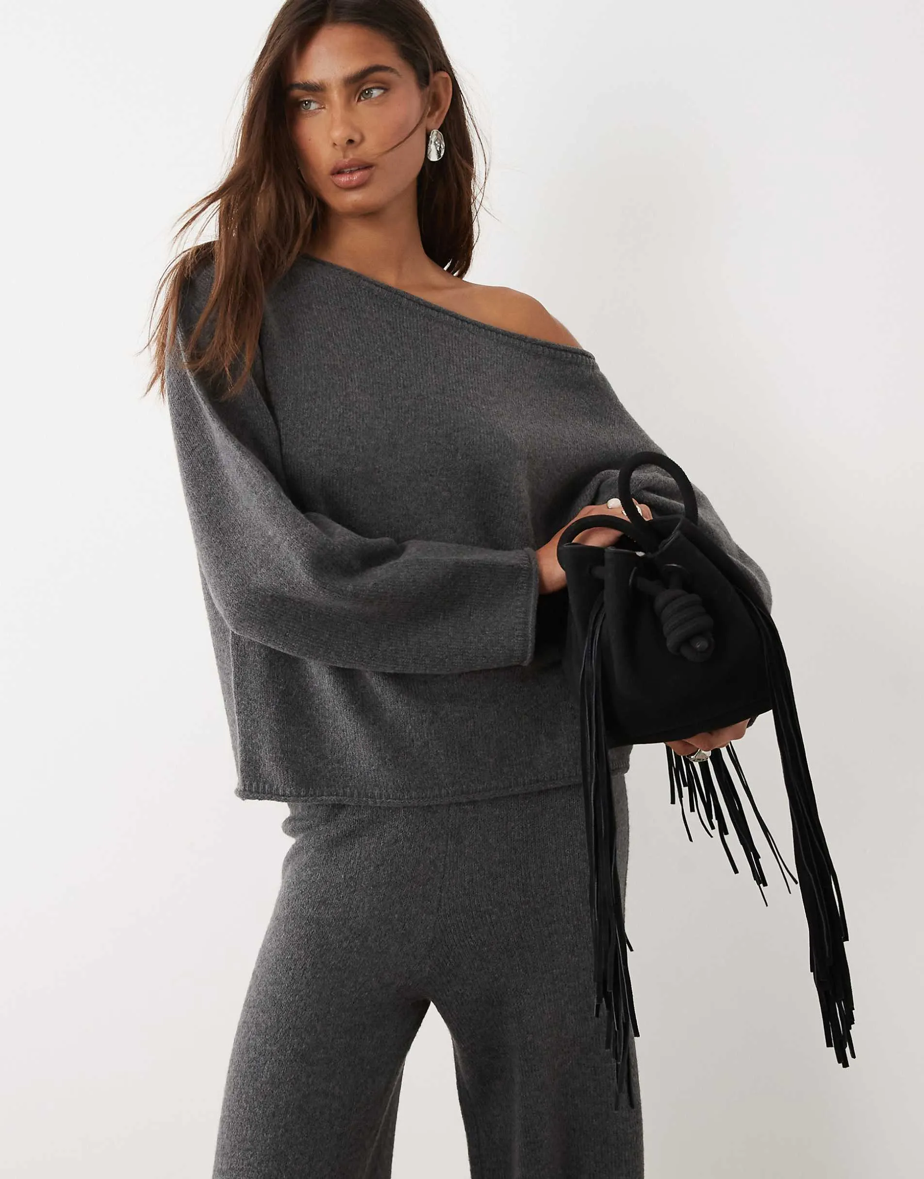 ASOS DESIGN slouchy off the shoulder with wool in charcoal