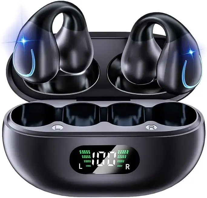 Open Ear Bone Conduction Headphones Bluetooth 5.3 Wireless Clip On Earbuds with Digital Display Charging Case 60 Hours Playtime Sport Earphones Built-in Mic IPX7Waterproof for Running Fitness Exercise