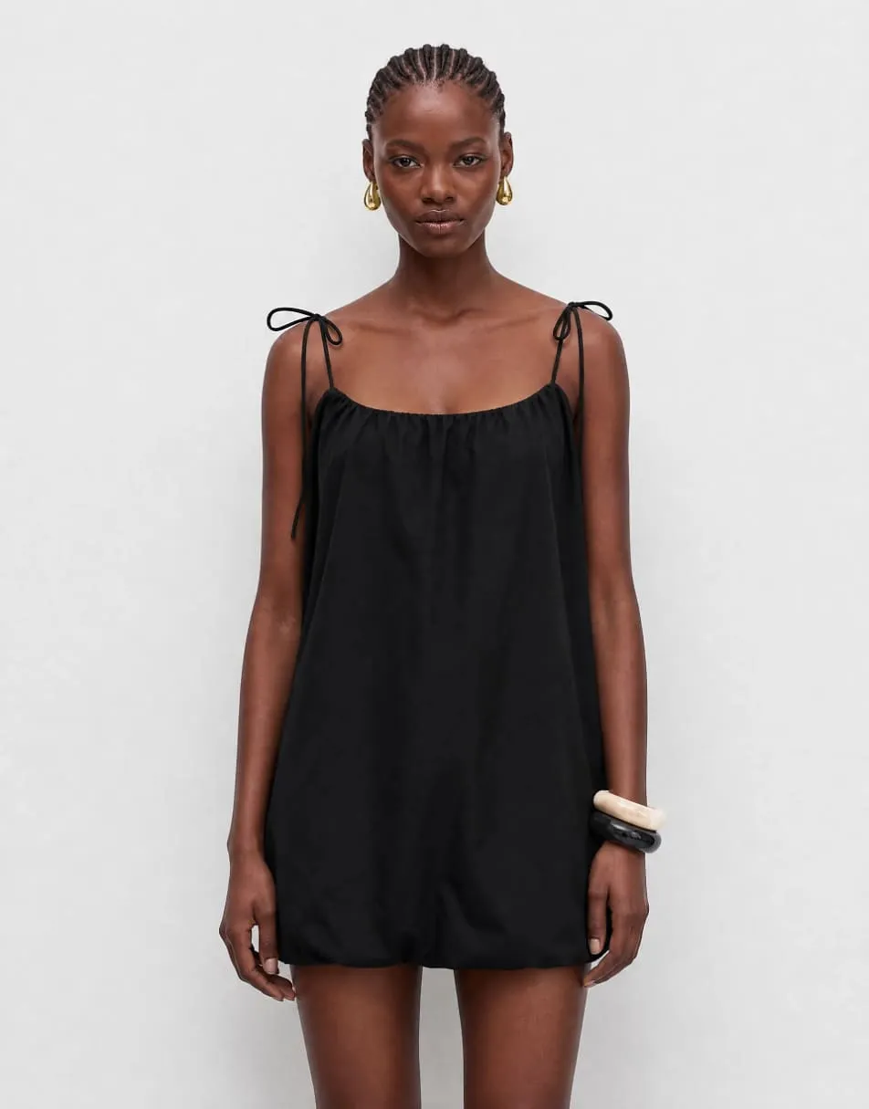 ASOS DESIGN poplin puff mini sundress with tie straps in black
