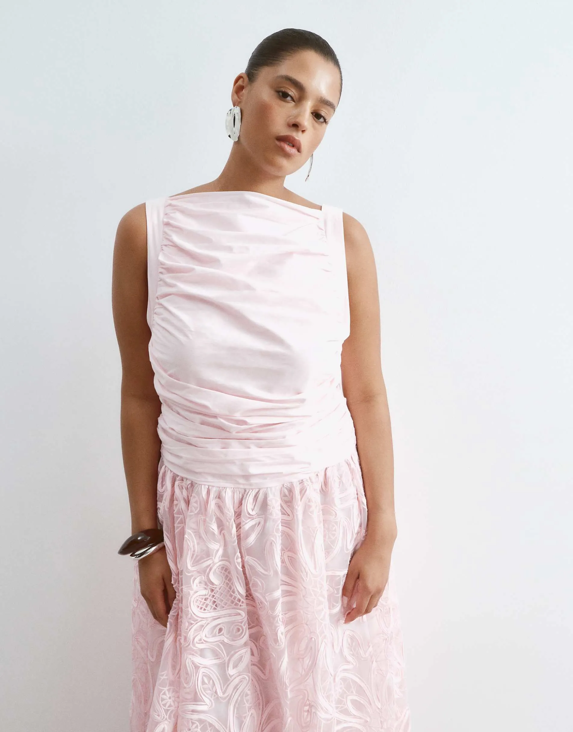 ARRANGE Curve abstract cutwork drop waist low back maxi dress in pink