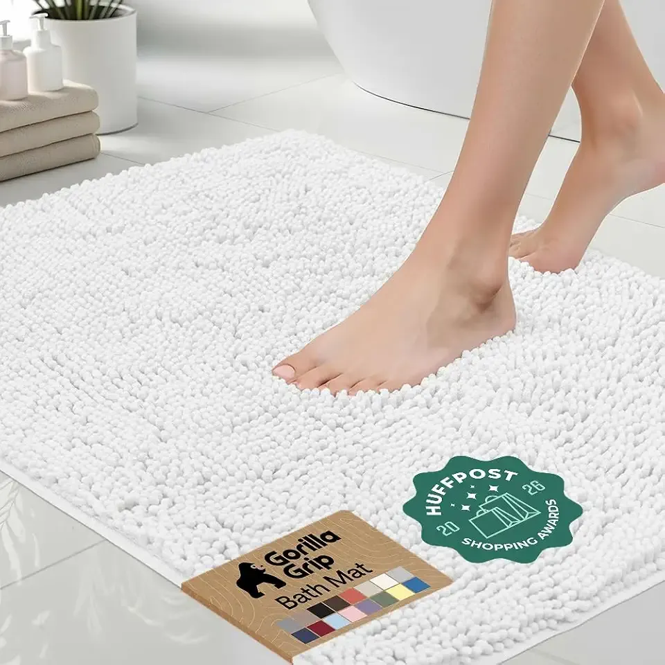 GORILLA GRIP Bath Rug Mat for Bathroom, Absorbent Chenille, 24x17 White | Soft Thick Quick Dry Microfiber Mats, Rubber Backing, Machine Washable Tub and Shower Floor Rugs, Home Decor Essentials