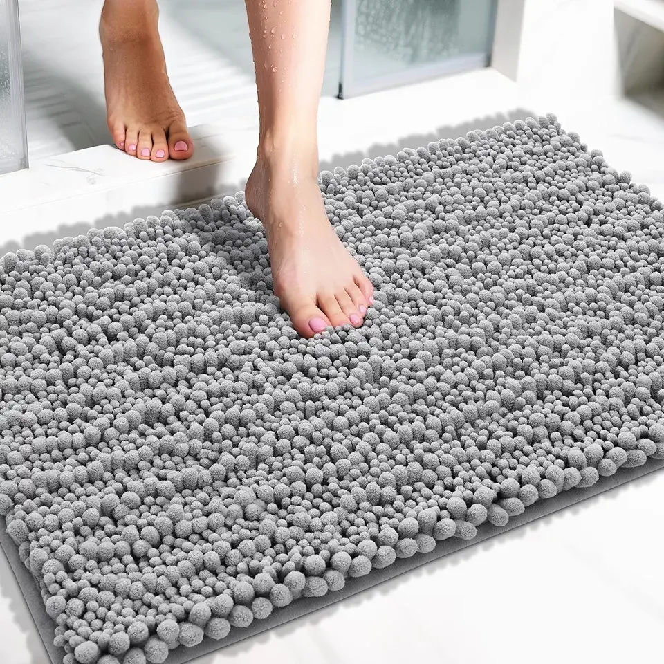 Yimobra Bathroom Rugs Non Slip Washable 32x20 Inch - Ultra Soft Absorbent Chenille Bath Mat, Quick Dry Shaggy Floor Carpet for Tub Shower, Gray Home Decor Accessories