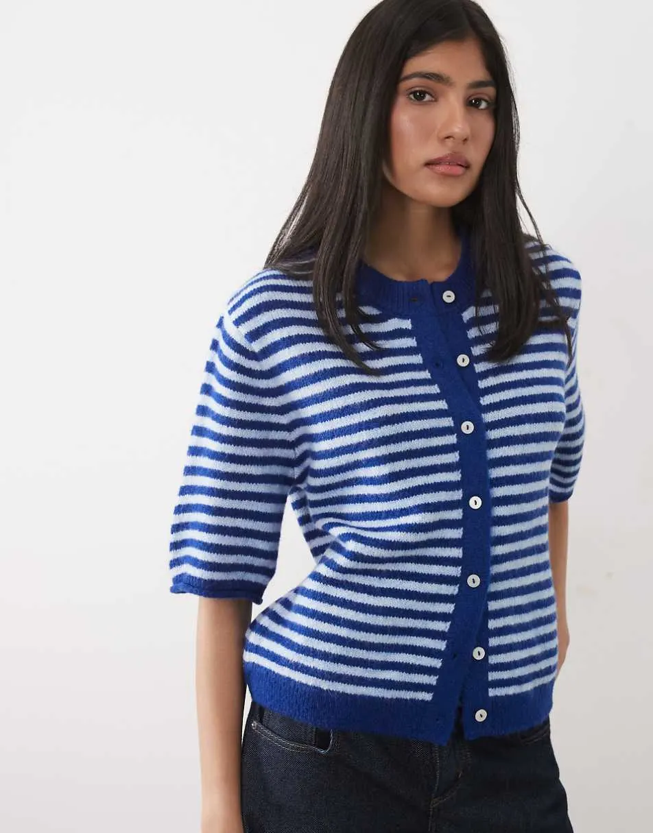 ASOS DESIGN lightweight relaxed short sleeve cardigan in cobalt stripe