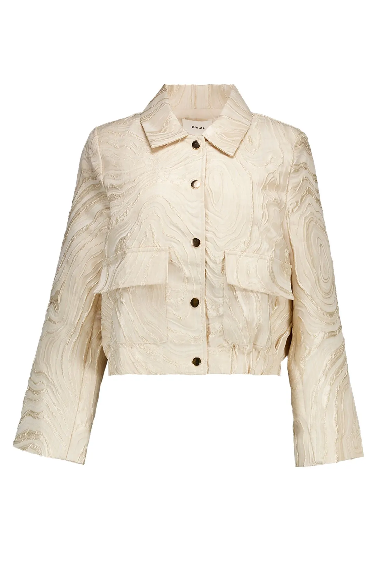 Champagnekleurige jasje met golvende print en subtiele glans
