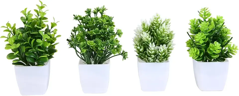 VENTO 4 Pack Mini Fake Artificial Plants with Pot, Realistic Fake Greenery for Home Decor, Office, Bathroom, Desk Indoor & Outdoor Use, Durable Plastic, Non-Toxic, Lightweight, Easy to Clean
