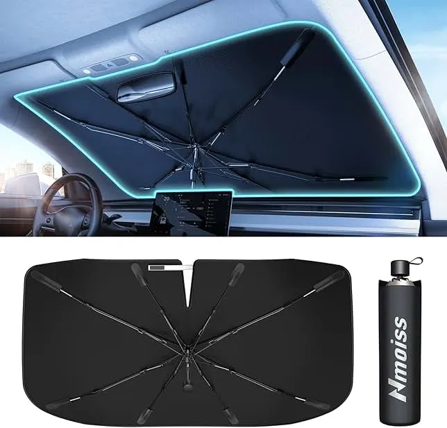 [Upgraded] Nmoiss Windshield Sun Shade Umbrella - [Vinyl Coating Heat Shield] Protect Car from Sun Rays & Heat Damage Keep Cool and Protect Interior, Spring Structure Edge Medium 56" L x 31" W