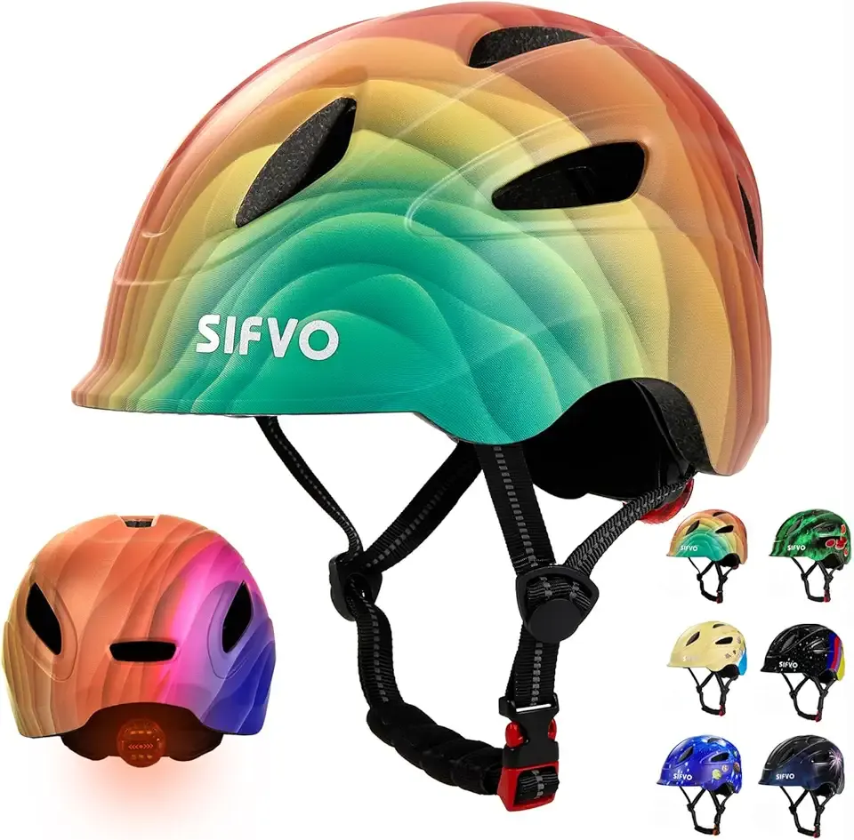 Kids Bike Helmet with LED Light, SIFVO Youth Toddler Boys Girls Helmets,2 Size Adjustable for Ages 3-5-10,Multi-Sport for Bicycle, Scooter, Skateboard,46-55cm