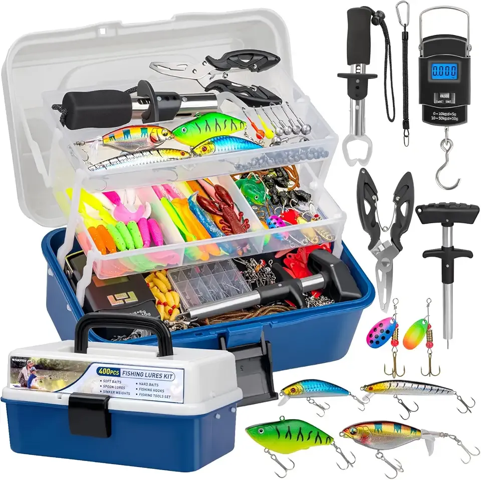THKFISH 400PCS Fishing Lures Accessories Kit with Large 3-Layer Tackle Box Complete Freshwater Bass Fishing Gear Tools Set with Pliers, Fish Scale, Crankbait, Hooks, Weights Sinkers, Gift for Men