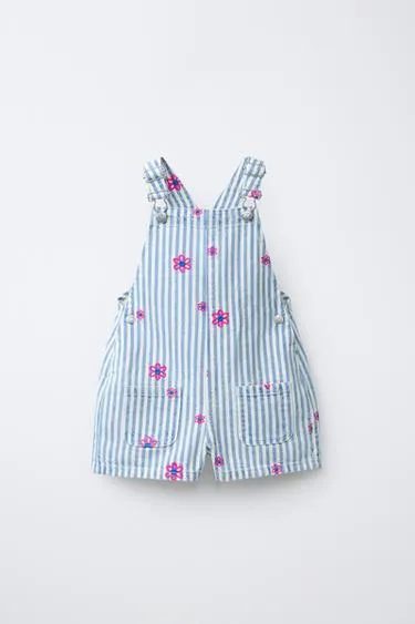 TWILL DUNGAREES WITH EMBROIDERED FLOWERS
