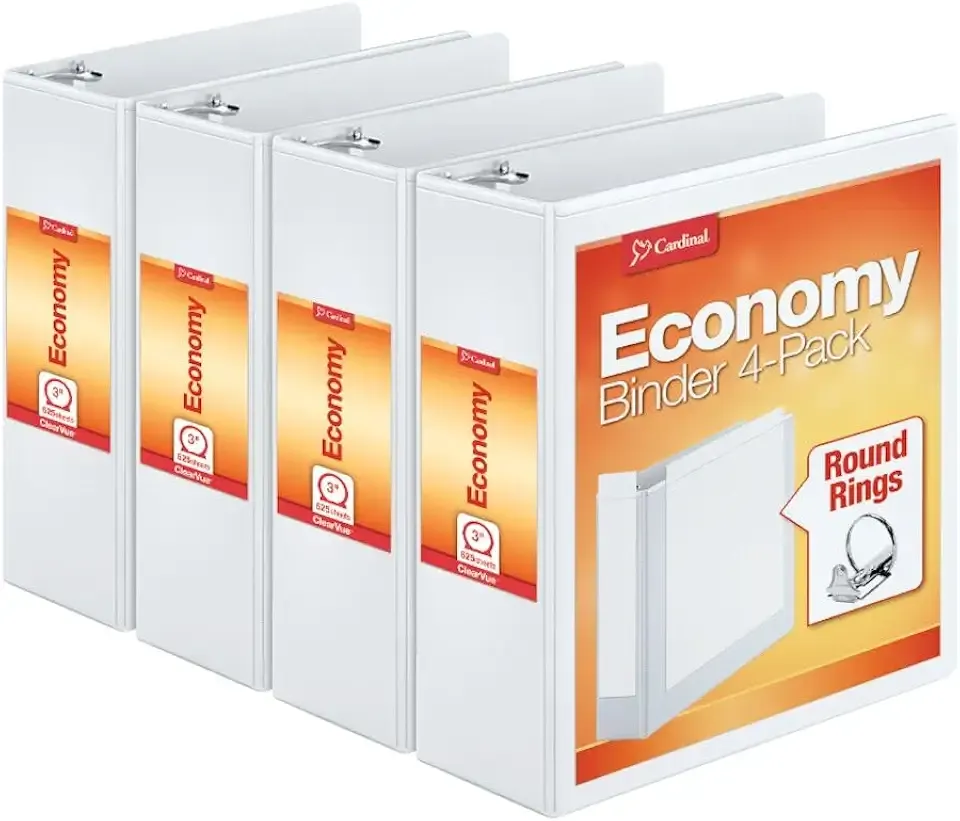Cardinal Economy 3 Ring Binder, 3 Inch, Presentation View, White, Holds 625 Sheets, Nonstick, PVC Free, 4 Pack of Binders (00430)