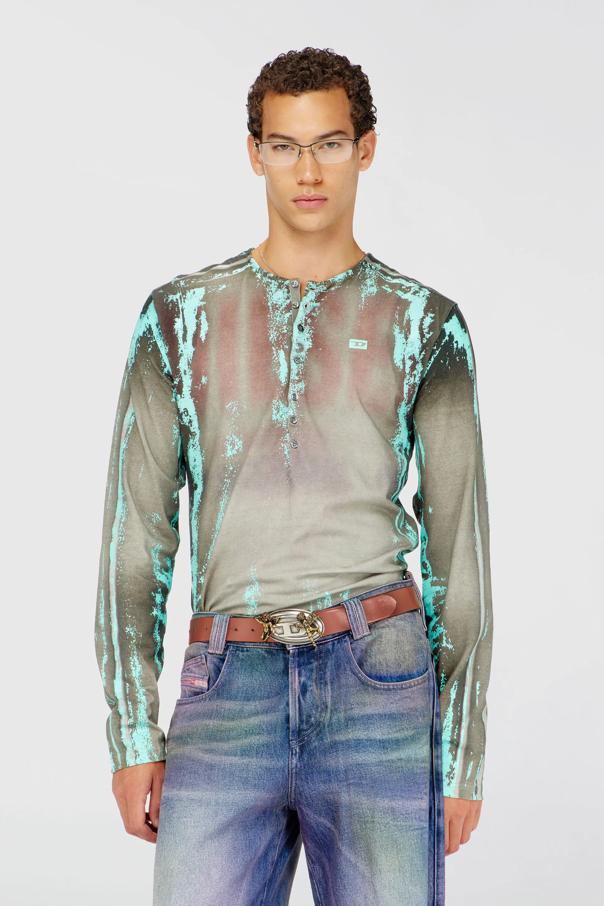 Grandad T-shirt in cracked leather-effect jersey