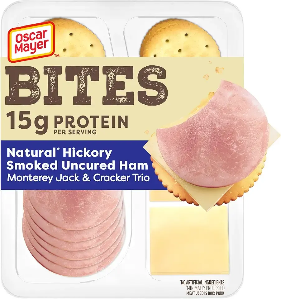 Oscar Mayer Bites Hickory Smoked Uncured Ham, Monterey Jack & Cracker Trio Meat & Cheese Snack Plate, 3.3 oz Tray