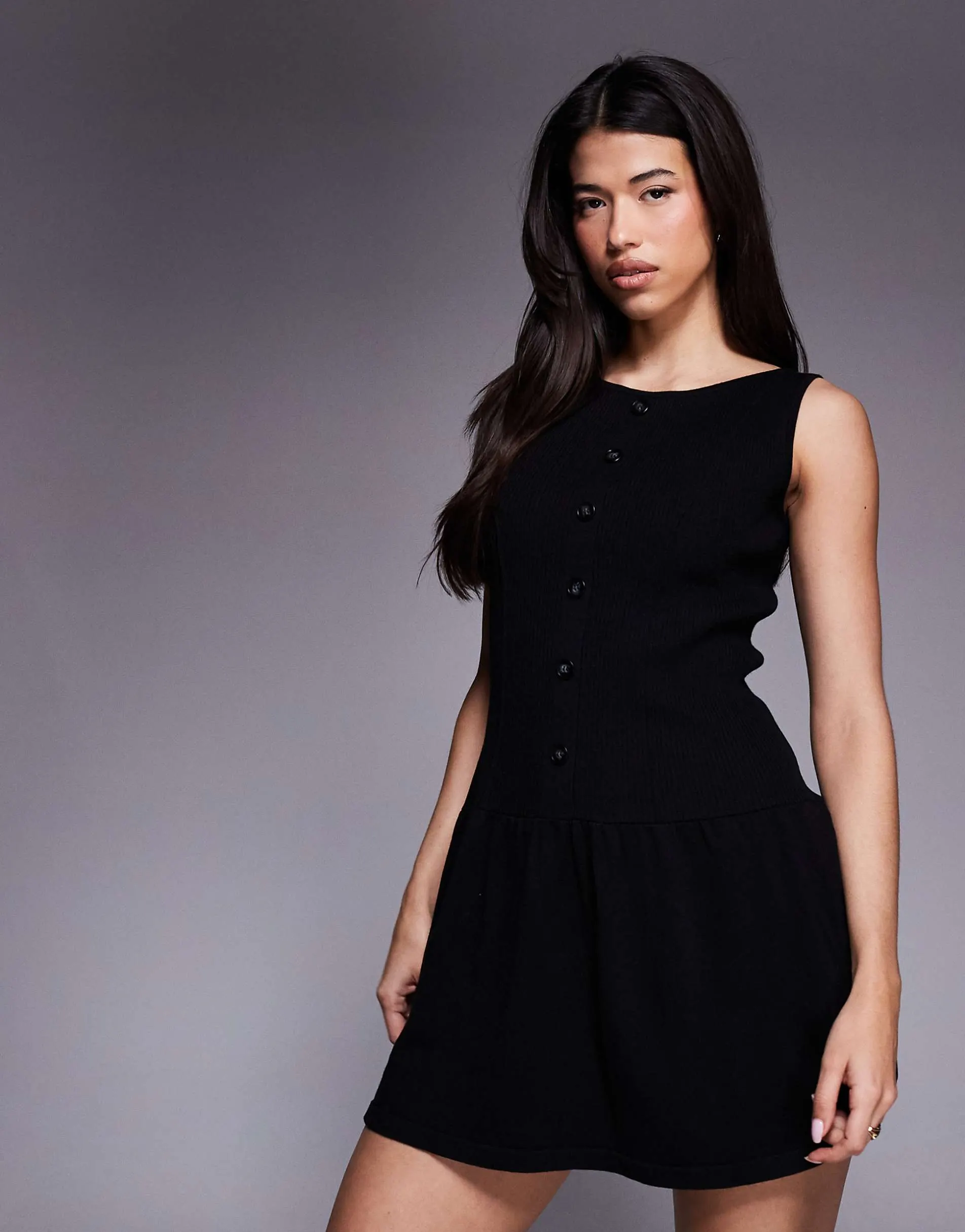 Kaiia exclusive wide neck sleeveless knitted button through skater mini dress in black
