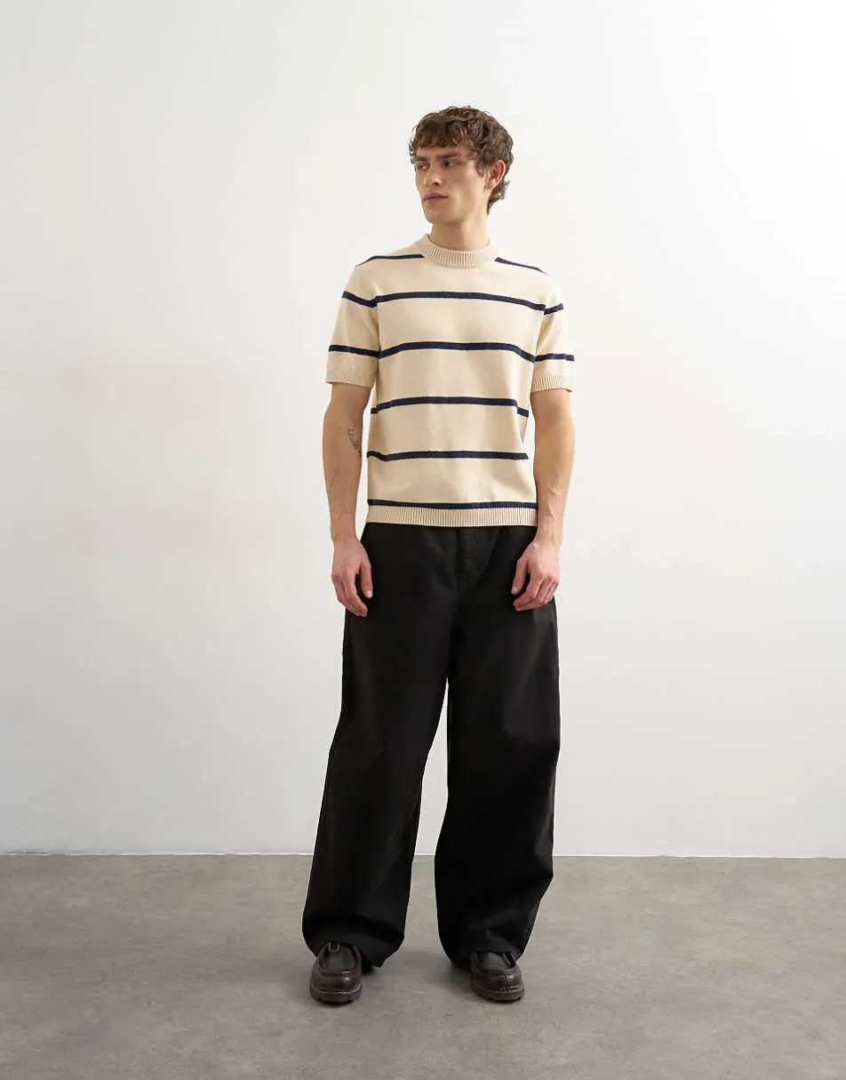 Topman classic fit knitted stripe t-shirt with stripe in cream