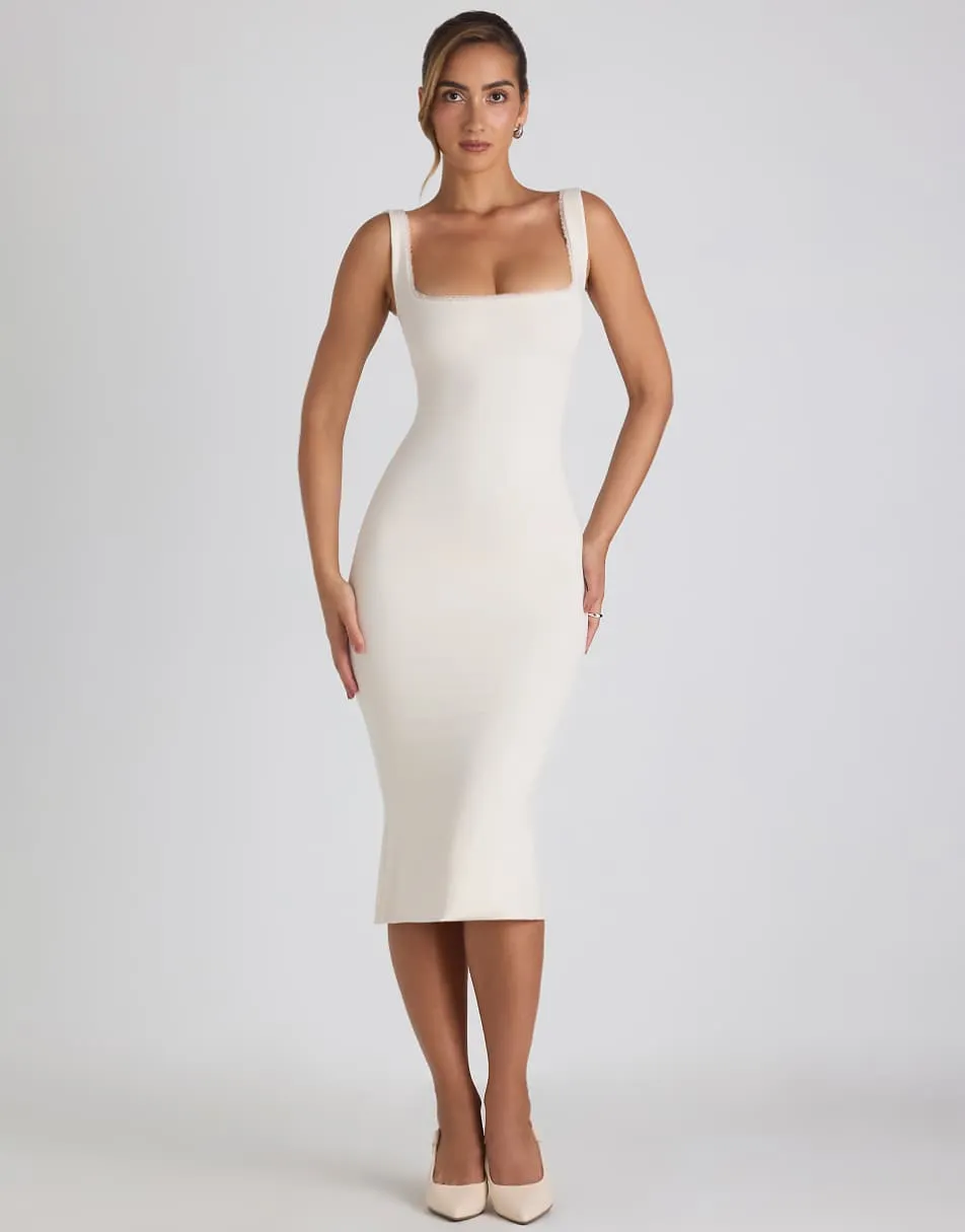 Oh Polly modal lace trim square neck scoop back bodycon midi dress in ivory