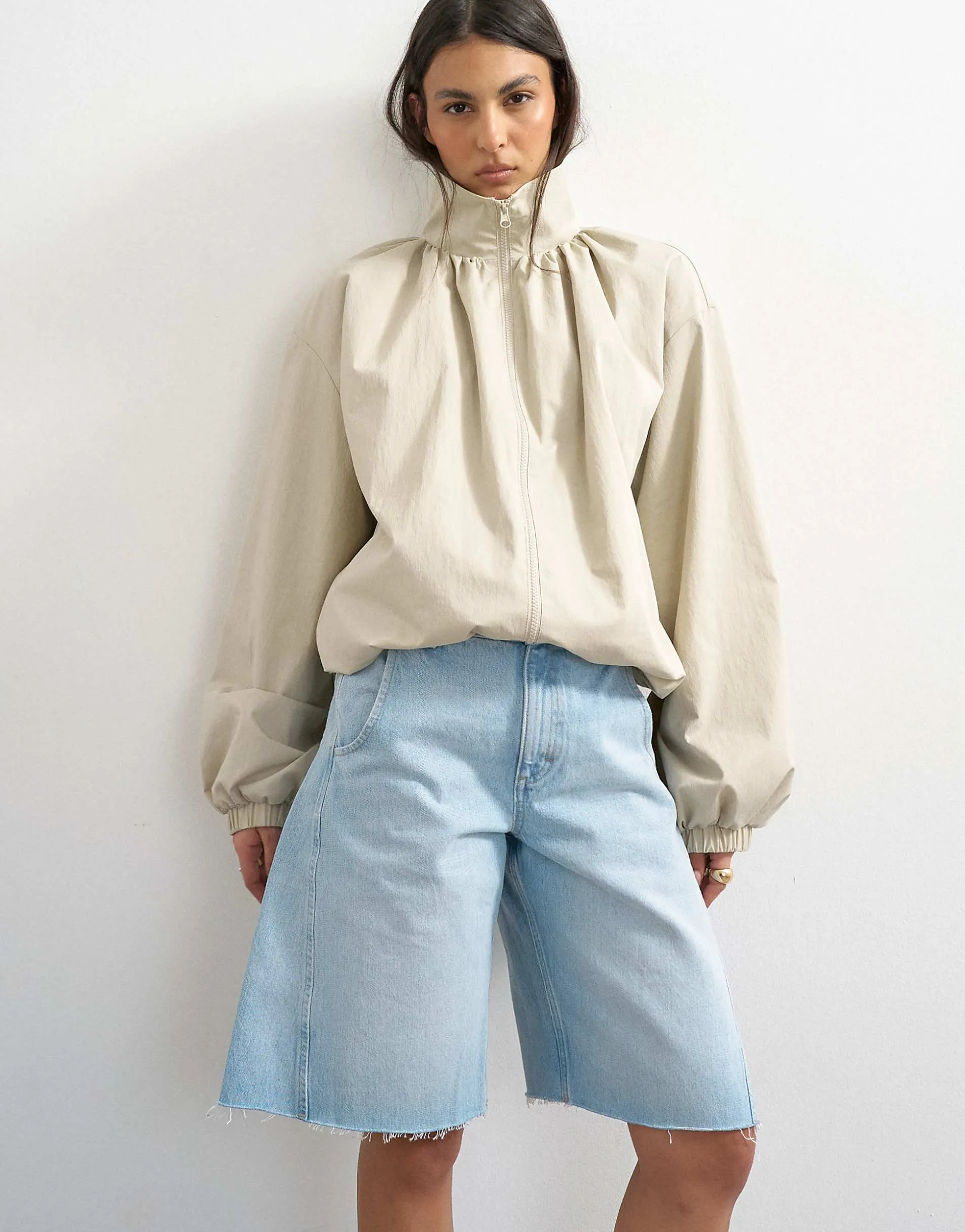 Topshop pleated funnel neck anorak in stone