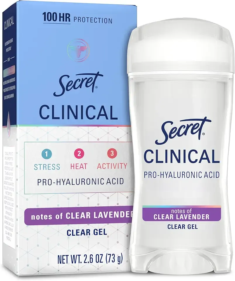 Secret Clinical Strength Antiperspirant Deodorant for Women, 100hr Sweat & Odor Protection, 3X Stress Protection with Hyaluronic Acid, PH Balancing Minerals, Clear Gel, Clear Lavender Scent, 2.6 oz