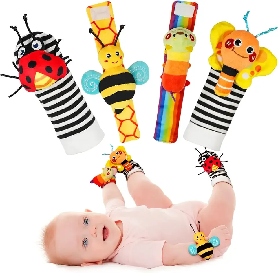 Infinno Wrist Rattles and Foot Finder Socks Set, Baby Toys for 0-12 Months | Soft crinkle textures, encourages reaching and kicking, garden bug characters, newborn shower gift, boys and girls