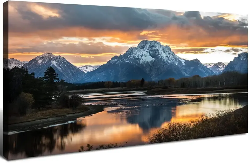 Sunset Mountain Wall Art for Living Room Nature Grand Teton Landscape Canvas Wall Decor National Park Wall Art Oxbow Bend Snake River Scenery Wyoming Painting Artwork Office Home Decoration 20x40"