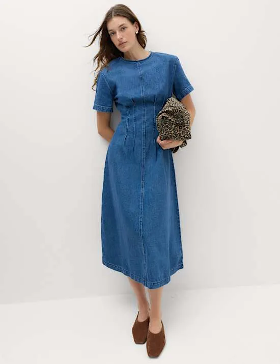 Denim Pintuck Midi Column Dress