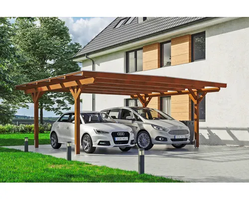 Přístřešek na auto dvojitý SKAN HOLZ Odenwald včetně kotev pro sloupky, 640 x 541 cm, ořech