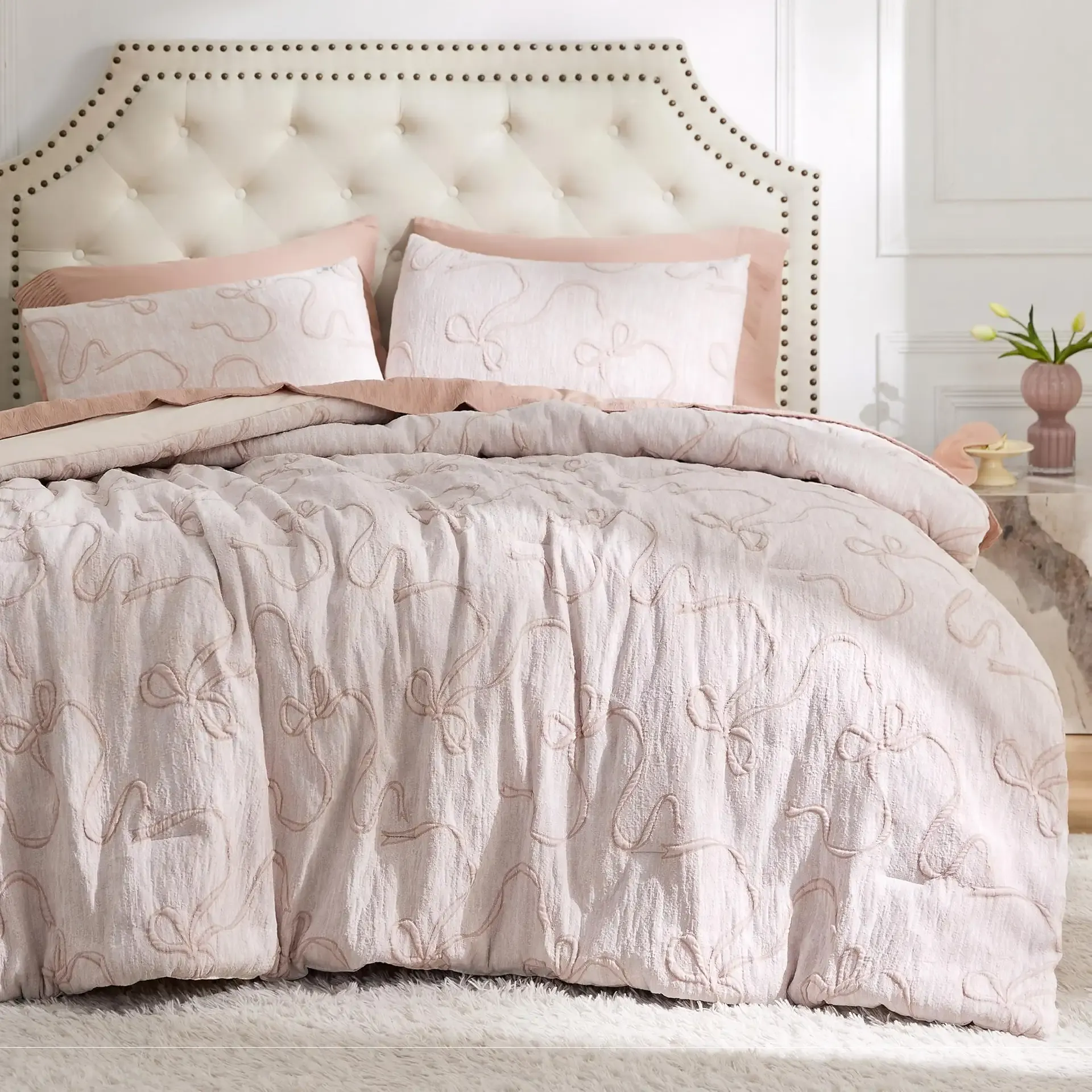 Bedsure Pink Comforter Set Queen, GentleSoft™ 3 Pieces Breathable Bow Comforter Set Women Girls with 2 Pillow Shams, Cute Queen Bedding Sets Pink Room Decor Aesthetic Bedroom Decor, 90x90 Inches