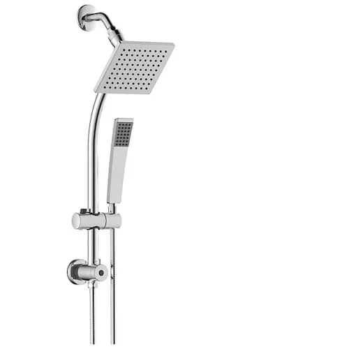 Modern 6-Inch Square Wall Mount Rain Shower Head with Slide Bar and Hand Shower in Chrome (Hose Incl.)