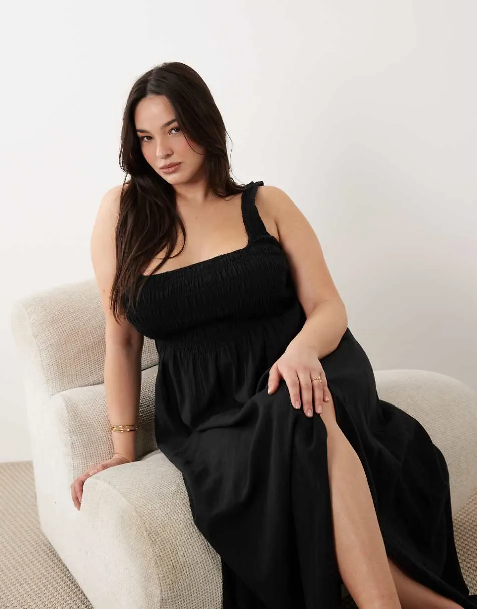 ASOS DESIGN Curve Selina beach textured cotton shirred maxi sundress in black