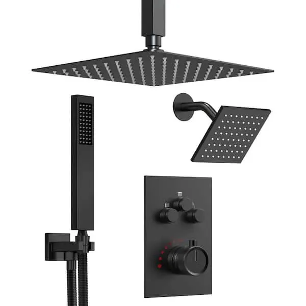 GRANDJOY Multiple Press 7-​Spray Ceiling Mount Anti Scald 12 in.​ Fixed and Handheld Shower Head in Matte Black Valve Included
