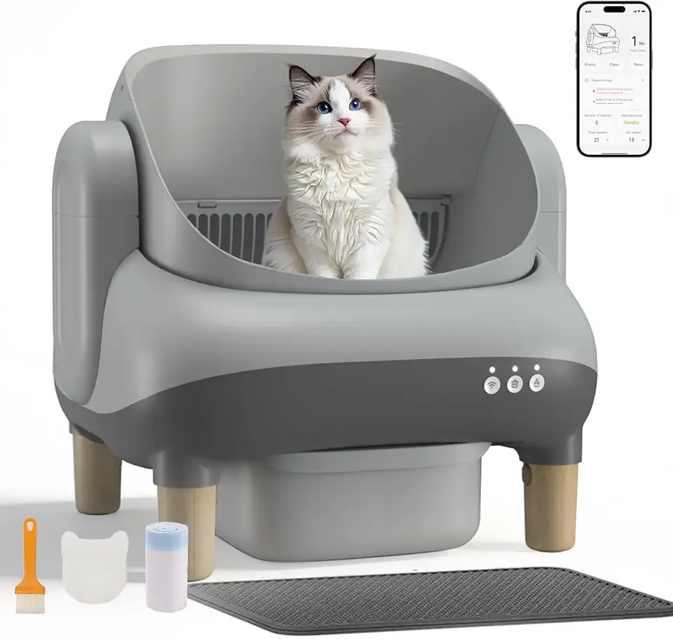 GTPLAYER Self Cleaning Litter Box, Open Top Cat Automatic Litter Box - APP Control and Weight Monitoring, Safety Sensors Protection, Ultra-Quiet, Odor Control, Includes Trash Bag& Scrub Brush, Grey