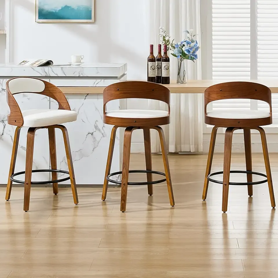 Swivel Counter Height Bar Stools Set of 3, Faux Leather Upholstered Seat Back & Bentwood Legs Bar Chairs, 26" Seat Height Counter Stools for Kitchen Islan