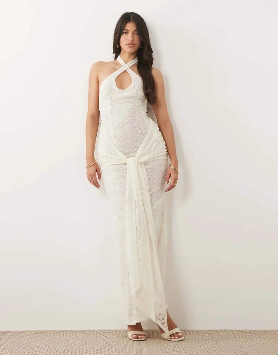 Missyempire lace halterneck keyhole detail drape tie front maxi dress in cream