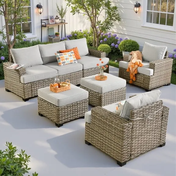 Ovios 7 Pieces Outdoor Patio Sectional Furniture All-Weather Rattan Wicker Conversation Patio Sofa Outdoor Chairs for Backyard Balcony